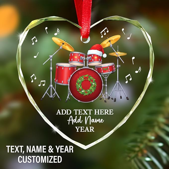 Personalized Drum Set Christmas Glass Ornaments 2025, Drum Xmas Ornament with Custom Text Name & Year, Drummer Christmas Tree Ornament for Men Women, Decoration Gift for Drummer Band Music