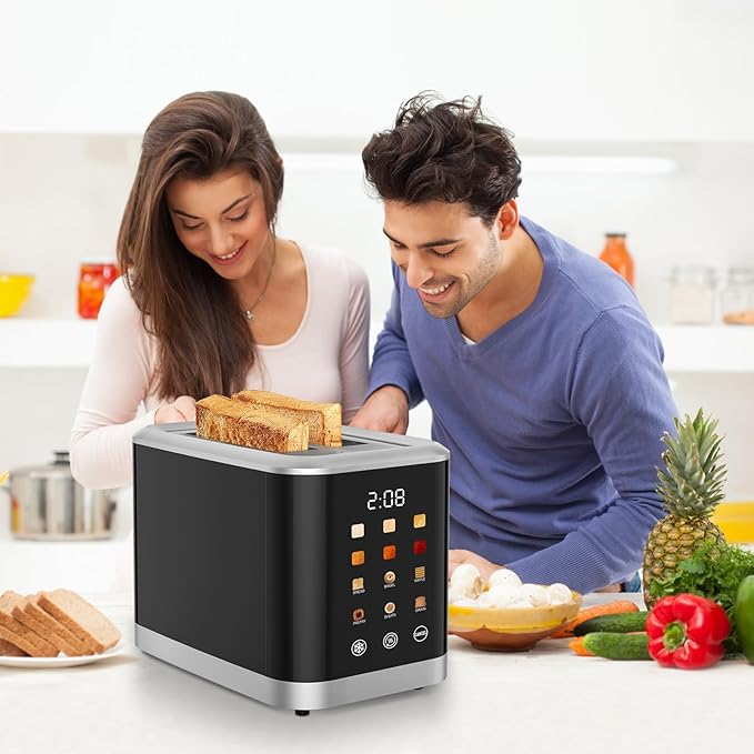 Touch screen Toaster 2 Slice Digital Timer Toasters with 6 Bread Types & 6 Shade Settings, Smart Extra Wide Slots Toaster with Bagel Defrost Reheat Cancel Function