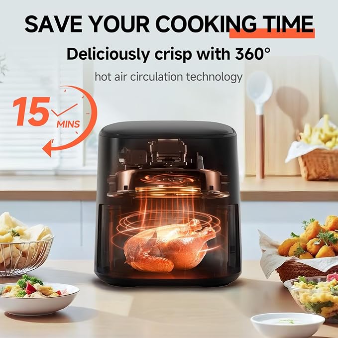 QIDO Air Fryer 8-in-1 with 5 QT Capacity,180°-450°F Precision Heating, Air Fry, Roast, Broil, Reheats, Dehydrates, Less Oil, Features Shake Reminder, Large Touch Display with Auto Menus, Compact Black