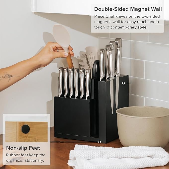 KitchenEdge Bamboo Magnetic Knife Block and Cooking Utensil Holder, Sleek Storage for Chefs Knives, Steak Knives, Spatulas, Scissors, Non-Slip Rubber Feet, Easy to Clean, Food-Safe Black Finish