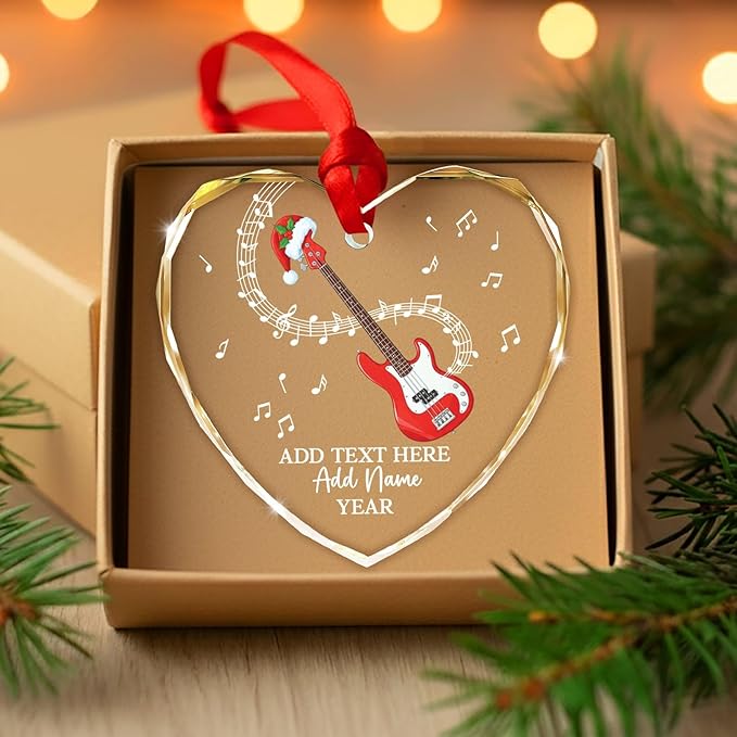 Personalized Bass Guitar Christmas Tree Glass Ornament, Bass Guitar Lovers Christmas Ornaments 2025, Custom Guitarist Xmas Ornament with Text Name & Year, Musical Instrument Players Gifts