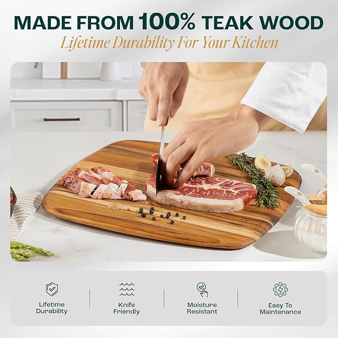 Yes4All Teak Cutting Boards for Kitchen, [16''Lx11''Wx0.6”] Easy Handle Serving Board, Pre-Oiled Teak Wood Charcuterie Board, Multipurpose use for Slicing, Serving, Decorating Wood Cutting Board