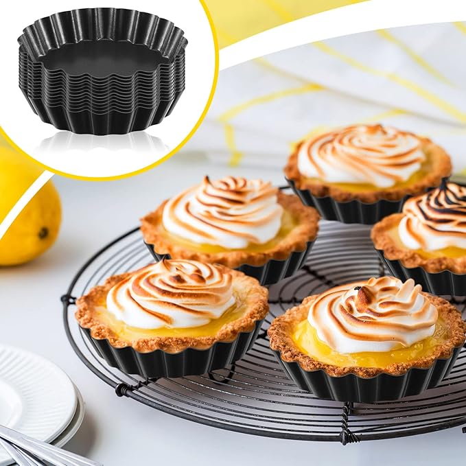Tessco 16 Pieces Mini Tart Pans with Removable Bottom Nonstick Quiche Mini Pie Tart Pans Bakeware Mold Fluted Side for Pies(Black Gray Round,4 Inch)