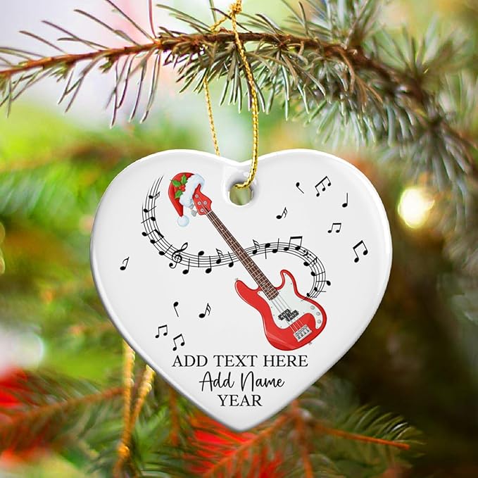 Custom Bass Guitar Christmas Ceramic Ornament, Personalized Guitarist Xmas Ornament with Text Name & Year, Bass Guitar Lovers Christmas Tree Ornaments 2025, Musical Instrument Players Gifts
