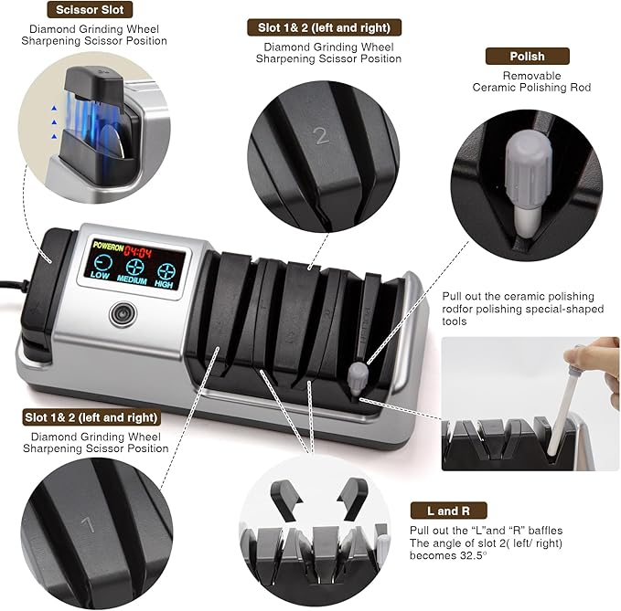 Silver Professional 3-Stage Electric Knife Sharpener for Kitchen Knives, LCD Screen, 100% Diamond Abrasive, Adjustable Rotational Speed, Precision Angle Guides for All Kitchen Knives