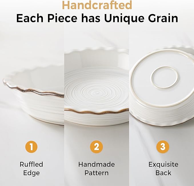 Frewinky Ceramic Pie Pan for Baking, 9 inch Pie Dish with Ruffled Edge, Nonstick Deep Pie Plate, Farmhouse Decor Quiche Tart Baking Dish for Thanksgiving, Microwave & Oven Safe, Set of 2