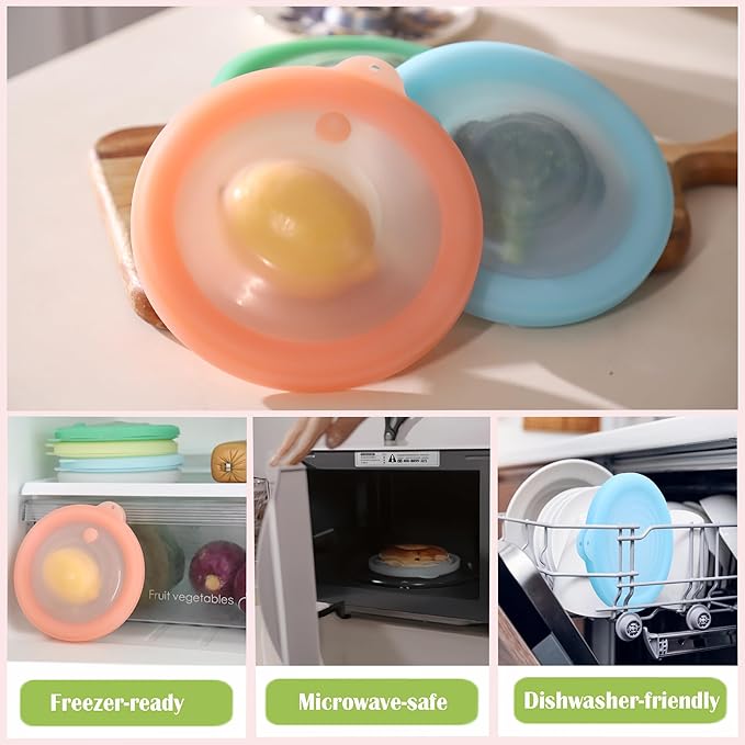 Silicone Reusable Vacuum-Seal Storage Containers for Fridge,Fresh Fruit,Vegetables,Garlic,Onions,Lemons,Potatoes,Meat,for Microwave Oven Heating,Freezer,Dishwasher,Avocado Saver,Tomato Holder,3 Pack