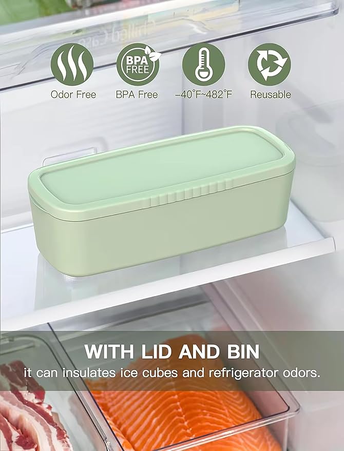 Ice Cube Tray for Stanley Cup, Silicone Ice Mould with Lid & Bin, Long Ice Cubes for 30-40Oz Tumbler, Easy Fill & Release, Perfect for Cocktails, Whiskey, Iced Coffee, Drinks, BPA Free (Green)