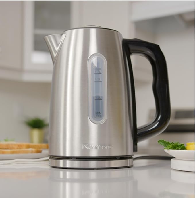 Kenmore Electric Kettle - 1.7 Liter Cordless Digital Calentador De Agua, Stainless Steel Instant Tea Pot, Preset Temperature Control, Automatic Shut-Off, Rapid Boil, Hot Water Boiling Heater, Silver