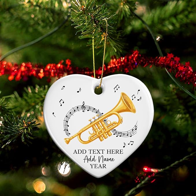 Personalized Text Name Year Trumpet Xmas Ceramic Ornaments, Trumpet Instrument Christmas Tree Ornament 2025, Trumpetist Christmas Ornament Gift for Men Women, Instrument Themed Xmas Decor