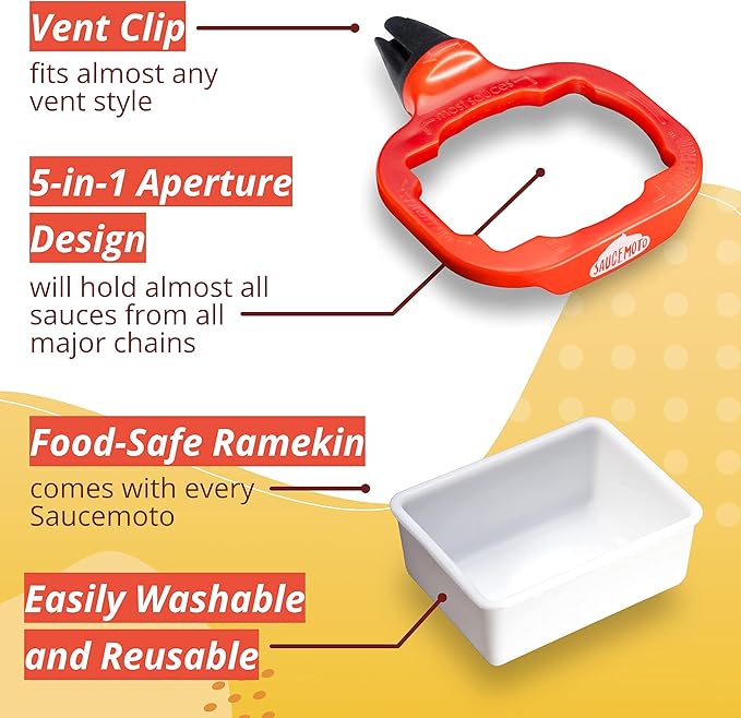 Saucemoto Dip Clip | Vehicle Sauce Holder for Dipping sauces. As seen on Shark Tank (Stocking Stuffer 2-Pack, Red) Great for White Elephant Gift