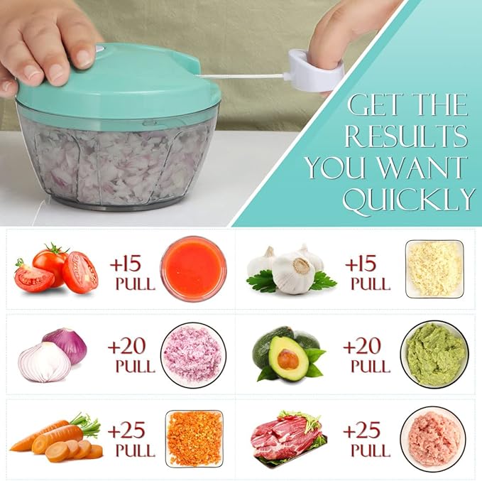 Ourokhome Manual Food Processor Vegetable Chopper, Portable Hand Pull String Garlic Mincer Onion Cutter for Veggies, Ginger, Fruits, Nuts, Herbs, etc., 500ml, Teal