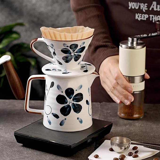Ceramic Pour Over Coffee Maker Set, Ceramic Coffee Dripper with Single Hole, Coffee Pot & 100 Paper Filters for Home, Travel, Camping (1-2 Cup)