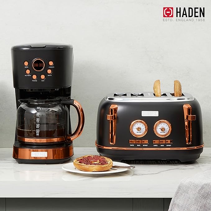 Haden Heritage 4 Slice Wide Slot Stainless Steel Toaster Bundled with 12 Cup Programmable Drip Coffee Maker Coffee Machine, Black & Copper