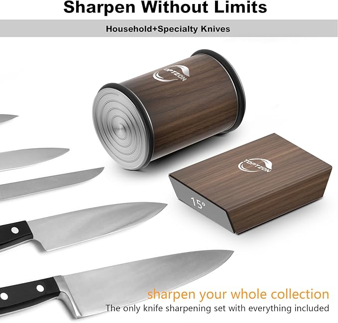 Toptzon Diamond Walnut Rolling Knife Sharpener – Roller Knife Sharpener Kit with 15 & 20 Degree Magnetic Angle Stand & Leather Strop Paddle Kit - Easy Sharpening for Kitchen Knife (Modern Walnut)
