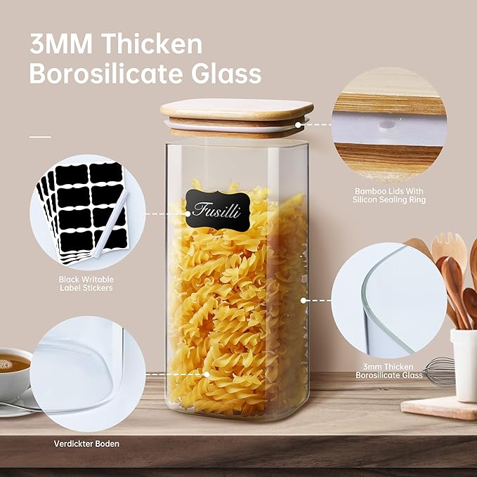 Square Glass Jars with Bamboo Lids 17 FL OZ [Set of 12], Glass Canisters with Airtight Lids, Glass Food Storage Containers for Spice, Sugar, Tea, Candies, Cookies, Best for Kitchen & Pantry