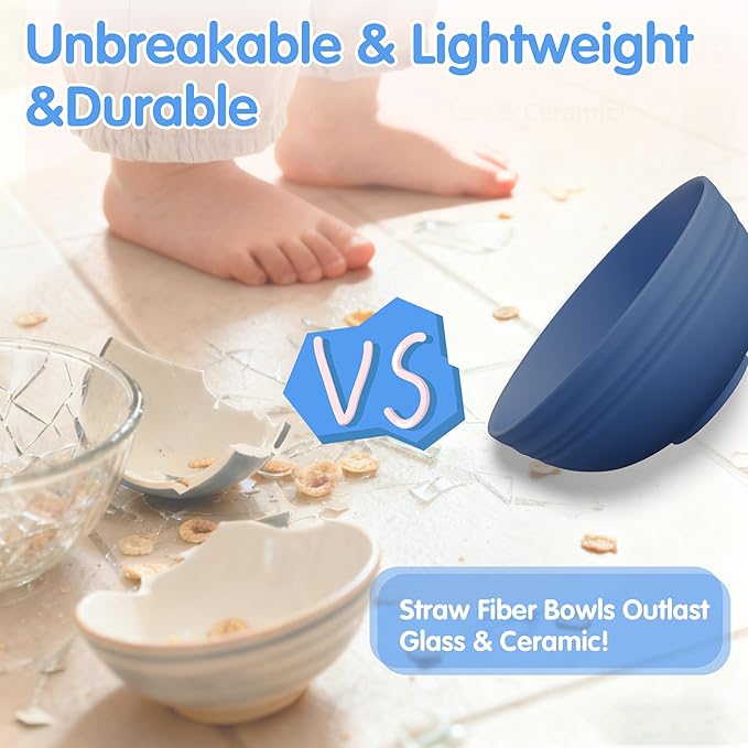 Quatish 10 PCS Unbreakable Cereal Bowls,Dishwasher & Microwave Safe Wheat Straw Bowls, Easy-to-Clean Lightweight Snack & Soup Bowl,Multi-Color Portable for Picnics Plastic Bowls Set, Blue