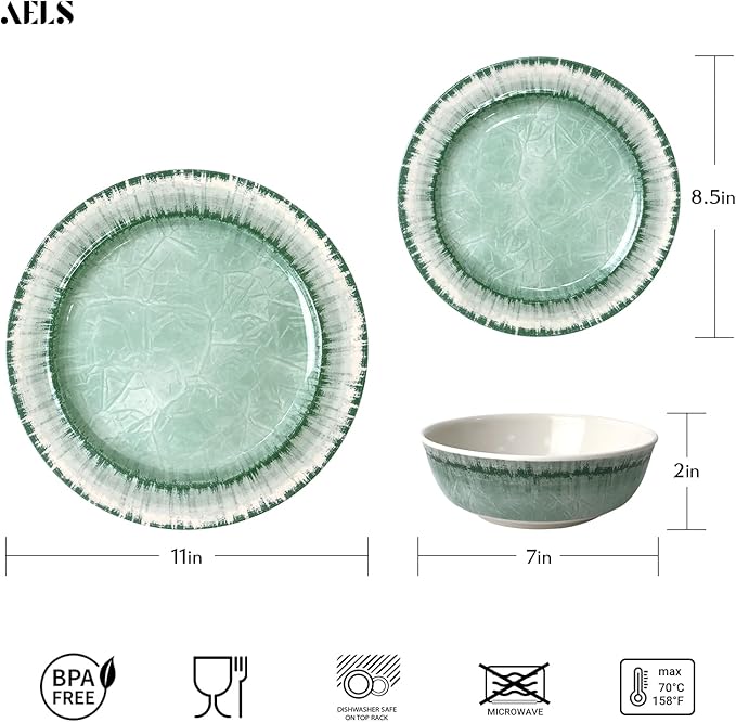 AELS Melamine Dinnerware Set of 12 Pcs Dinner Dishes Set for Indoor and Outdoor Use, Dishwasher Safe, Lightweight Unbreakable, BPA Free, Sage Green