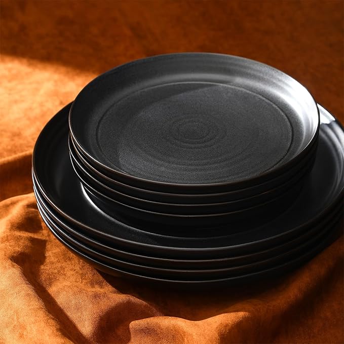 Stone Lain Elio 12-Piece Dinnerware Set Stoneware, Plates and Bowls Set, Dish Set for 4, Black