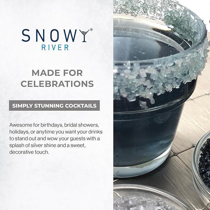 Snowy River Silver, Cocktail & Margarita Sugar Rimmer - Vibrant Naturally Colored Sugar for Cocktail Rimming, Baking & Decorating, Medium Crystal - 16oz