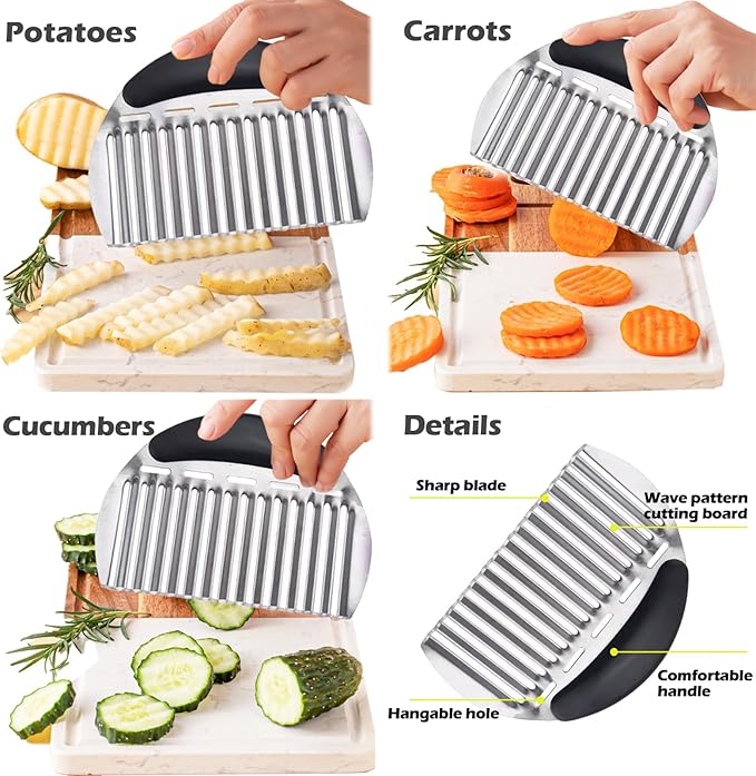 JAYVAR Large Crinkle Cutter French Fry Cutter, Large Crinkle Potato Slicer Wavy Chopper, Stainless Steel Wavy Slicer Crinkle Cutting Chopping Tools with Handle for Carrot Vegetable