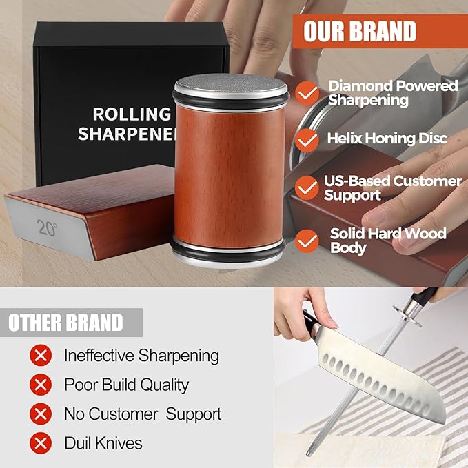 rolling knife sharpener, durable diamond grinding head, replacement grinding head, 15 degree and 20 degree sharpening bevel suitable for various kitchen knives