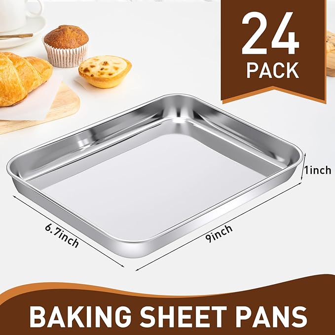 meekoo 24 Pcs Baking Sheet Pan Cookie Sheet Set for Oven Stainless Steel Trays Nonstick Small Serving Tray Cake Toaster Metal Food Trays, Oven and Dishwasher Safe (9 x 6.7 x 1 Inch)