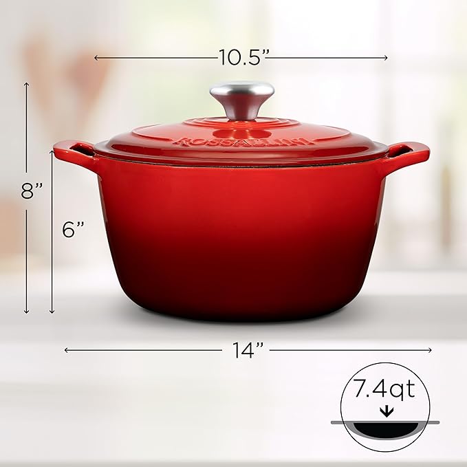 Signature Enameled Cast Iron Dutch Oven, Non-Stick Serving Pot with Tight Fitting Lid for Perfect Roasting, Baking, Sauteing, and Bread Making | 7.4Q (7L) - Red