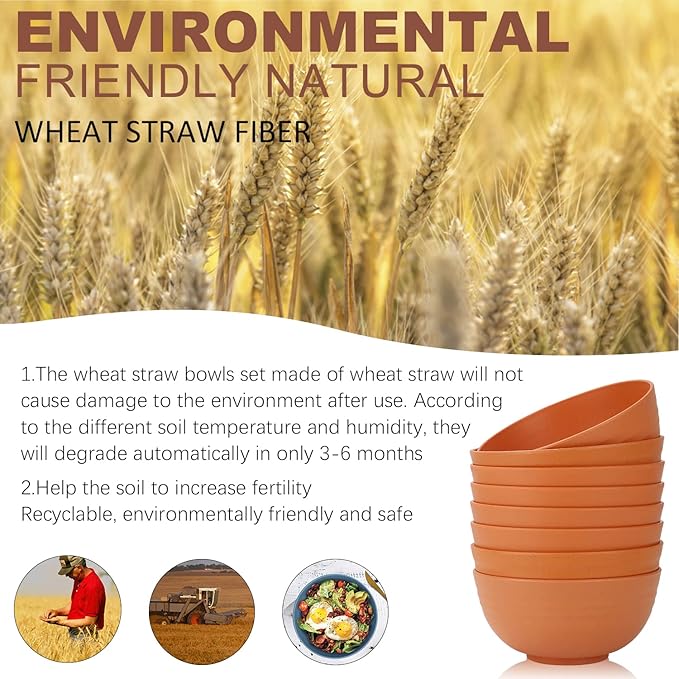 Homienly Wheat Straw Bowls Set, Unbreakable & Lightweight Microwave Safe Bowls for Soup, Cereal, Salad, 8-Piece Vibrant Soup Bowls for Kitchen, Family, Party, Picnic, Dishwasher Safe, 26 OZ(Orange)