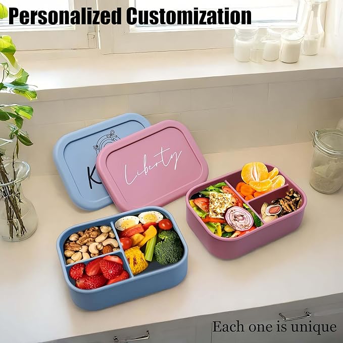 Custom Silicone Bento Box | Personalized Lunch Box with Engraved Name/Logo | Lunch Containers for Work Travel Outdoor with 3 Compartment