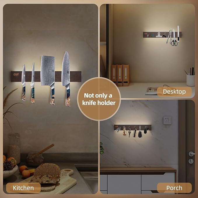 FINDKING 16 Inches Lighted Magnetic Knife Strip, Backlit LED Utensil Holder for Wall and Refrigerator, Magnet Knife Rack for Home Kitchen, No Drill (Ash Wood, Dark Brown)