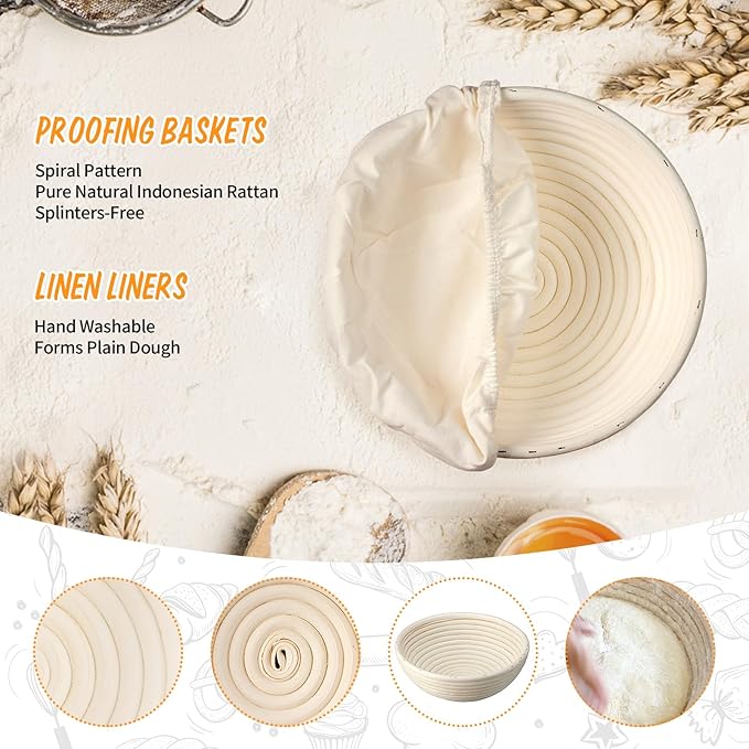 Banneton Bread Proofing Basket Set of 2, Rattan Proofing Baskets for Sourdough Bread | Banneton Bowls with Linen Liners | Natural Rattan Dough Rising Baskets for Artisan Homemade Bread Baking