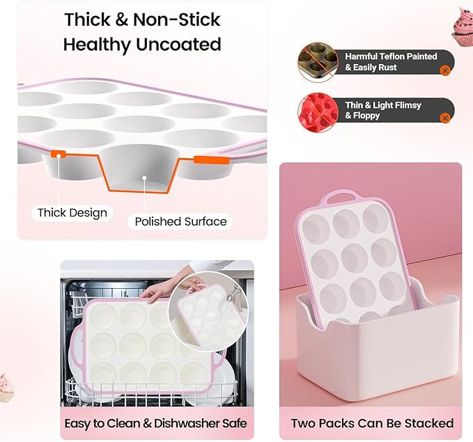 Silicone Muffin Pans for Baking 1 Pack, 2.6 Inch with Metal Reinforced Frame, Regular Size Nonstick Silicone Cupcake Pan for Baking Homemade Muffins, Cupcakes, Dishwasher Safe BPA Free-Pink
