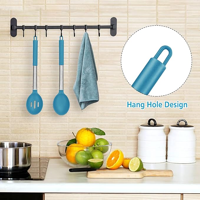 Pack of 2 Large Silicone Cooking Spoons, Non-Stick Stainless Steel Slotted and Solid Spoon Set for Serving, Mixing, Draining, Heat Resistant, Scratch Resistant and BPA Free Kitchen Scoops (Blue)