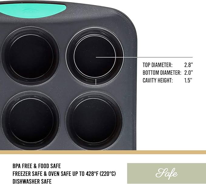 Trudeau Structure Silicone Muffin Pan – 12 Cup, Flexible Silicone with Hard Lining to Hold Shape, Non-Stick, BPA-Free, Dishwasher Safe, Heat Resistant to 428°F – Grey/Mint