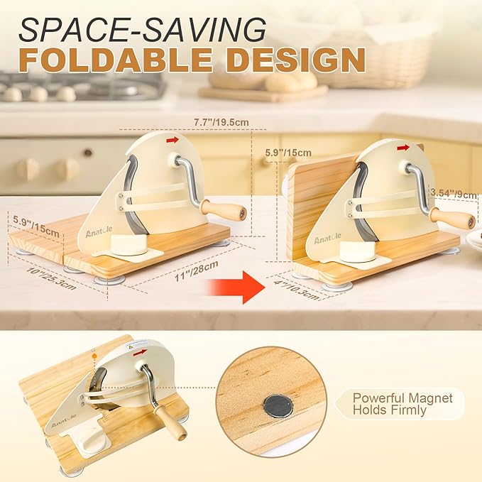 Anatole Foldable Manual Bread Slicer for Homemade Sourdough Bread with Engraved Scale Line Bread Guide Hand Crank Bread Cutter with Adjustable Thickness Stainless Steel Blade 6 Suction Cups