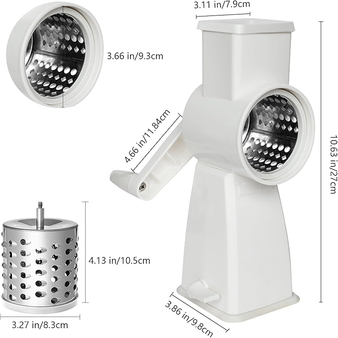 4-in-1 Rotary Cheese Grater Handheld, Lightweight Body with 4 Stainless Steel Blades & Non-Slip Suction Base, for Shredding Parmesan, Slicing Vegetables, Grating Chocolate（White）