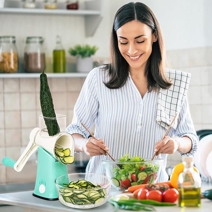 X Home 5-in-1 Rotary Cheese Grater for Kitchen, Upgraded Hand Crank Shredder with Stronger Suction Base & Multifunctional Drum Blades, for Cheese, Vegetables and Nuts, Easy to Use and Clean, Blue