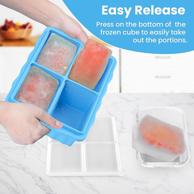 Silicone Freezer Tray With Lid, Silicone Freezing molds, Ice Cube Tray For Food, Release Soup Freezer Molds for freezing food, Soup, and Leftovers-Makes 4 Perfect 1 Cup- 3 Pack.