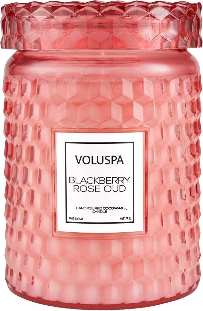 Voluspa BlackBerry Rose Oud Candle | Large Glass Jar Candle with Lid | 18 Ounces | 100 Hour Burn Time | Coconut Wax for Clean Burning | Handcrafted in The USA | Non-Toxic
