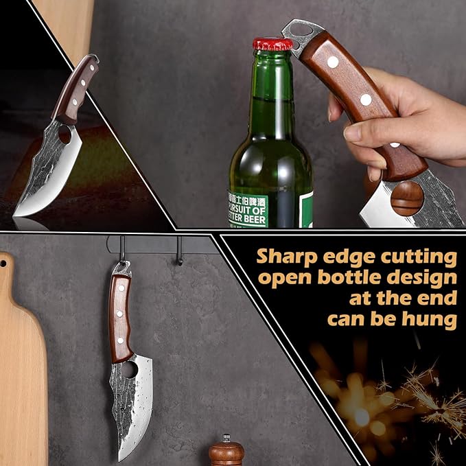 Chef Knife Kitchen Knives Japanese Butcher Knife Meat Cleaver, High Carbon Steel Hand Forged Full Tang Viking Knives with Sheath for Camping, Outdoor, BBQ, Home