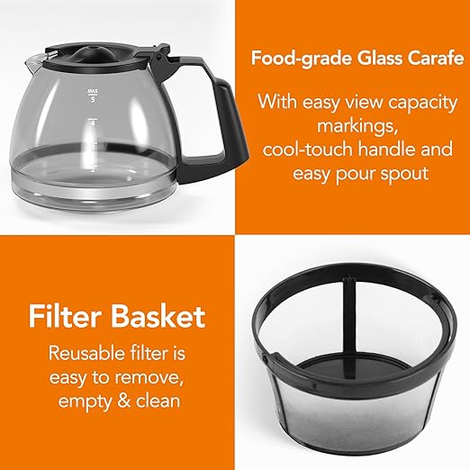 Compact 5-Cup Programmable Drip Coffee Maker — the essential coffee machine with Digital Clock, 24-hour Timer, Auto Shut-Off, and a Removable Filter Basket for Home & Office.