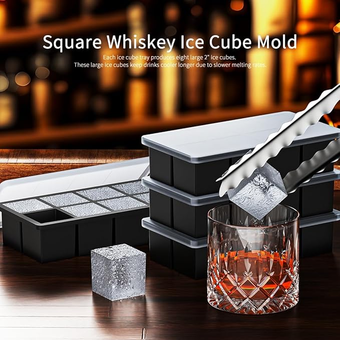 2 Pack Large Ice Cube Trays for Whiskey, Big Silicone Ice Cube Trays 2 inch Square Cubes, Huge Square Ice Cube Maker, Silicone Molds for Whiskey, Bourbon, and Cocktails, BPA-Free & Dishwasher