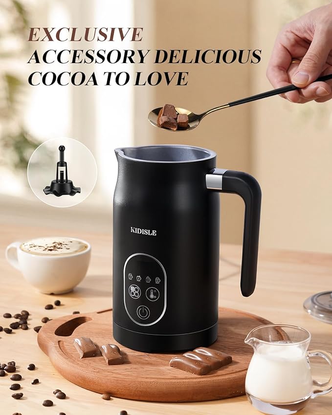 Milk Frother and Steamer 4 in 1, Milk Steamer with Auto Temperature Control, Warm & Cold Foam Maker, Hot Chocolate Maker, Frother for Coffee, Latte, Cappuccino, Black
