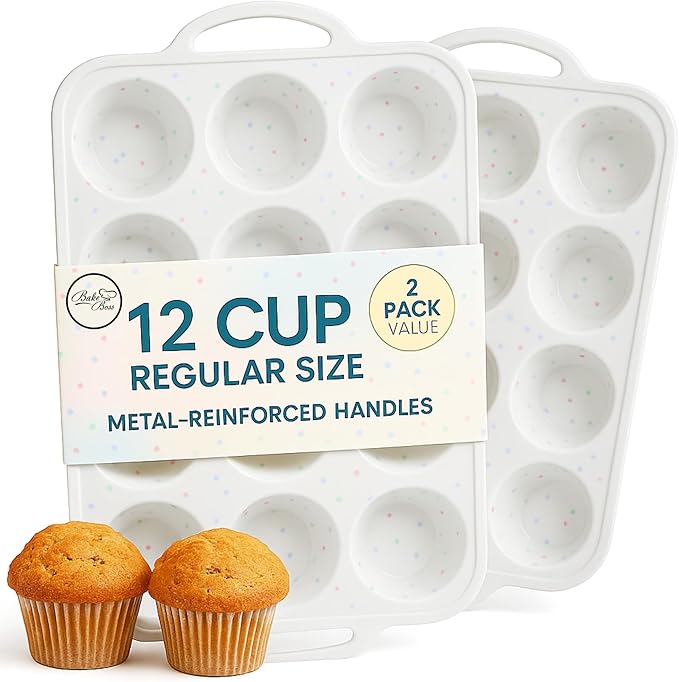 2 Pack Regular Muffin Pan - 12 Cup Silicone Muffin Pan for Baking with Metal Reinforced Frame - Regular Size Cupcake Pan, BPA Free Silicone Muffin Tray - Oven & Dishwasher Safe - Cream