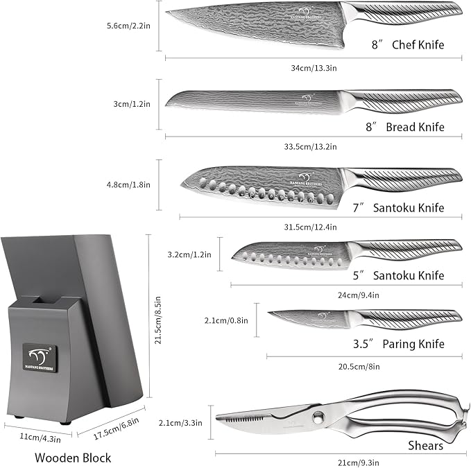 NANFANG BROTHERS® 7 Pieces Damascus Kitchen Knife Set, High Carbon Stainless Steel Damascus Steel Chef Knife Set, Stainless Steel Ergonomic Handle for Chef, Knife Block Set for Chopping NF