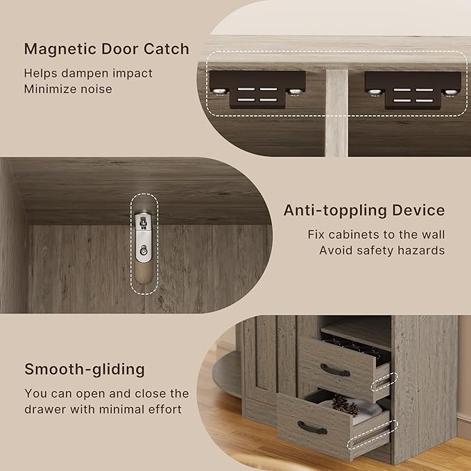 Gizoon 60.4" Pantry Cabinet with Coffee Bar, Tall Kitchen Pantry Storage Cabinet with Microwave Stand and 2 Drawers, Farmhouse Hutch with 4 Open Tiers for Dining Room and Kitchen Organization, Grey