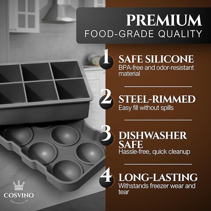 Large Ice Cube Trays Perfect for Whiskey and Summer Drinks - Italian Design - 2 Pack (16 x Ice Cubes | Square and Round | XL size) - Cosvino - Removable Lid, Easy Release (Tuxedo Black)