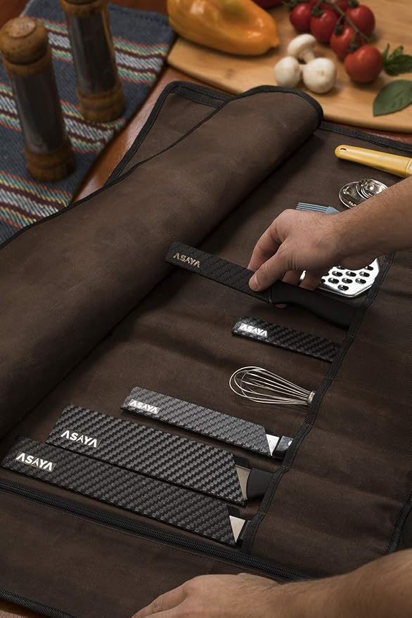 Asaya Canvas Chef Knife Roll Bag - 10 Knife Slots and a Large Zipper Pocket - Durable 10oz Canvas Knife Case with an Adjustable Shoulder Strap - Knives not Included