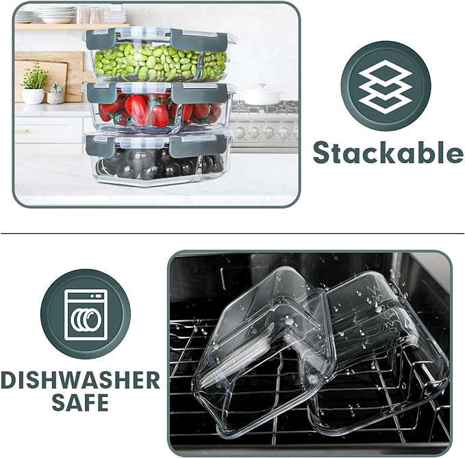 VERONES 10 Pack Glass Meal Prep Containers 2 Compartment Set, 30 OZ Airtight Glass Lunch Containers, Glass Food Storage Containers with Lids, for Microwave, Oven, Freezer & Dishwasher Friendly，Grey